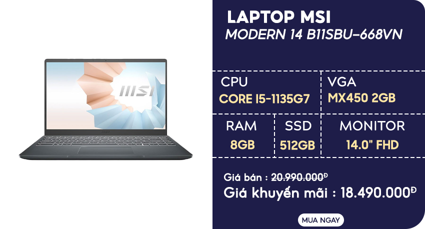 Laptop MSI Modern 14 B11SBU-668VN