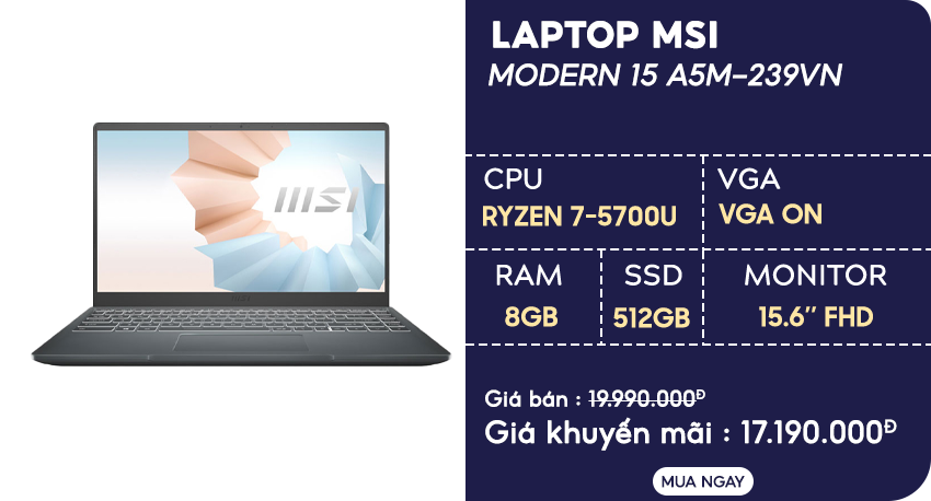 Laptop MSI Modern 15 A5M-239VN