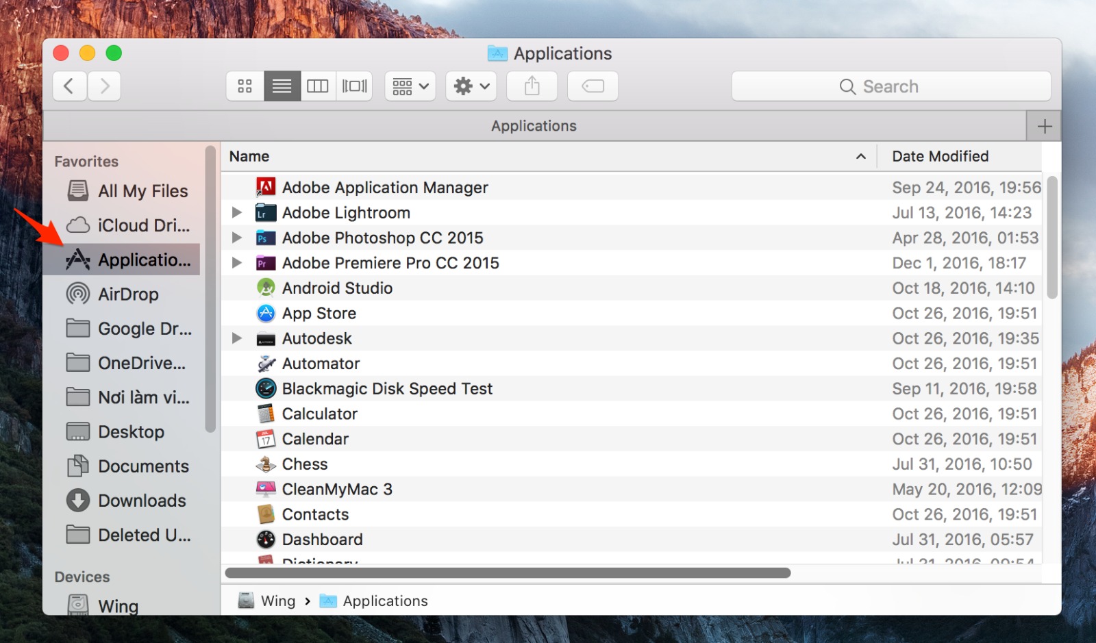 bấm vào mục “Applications”