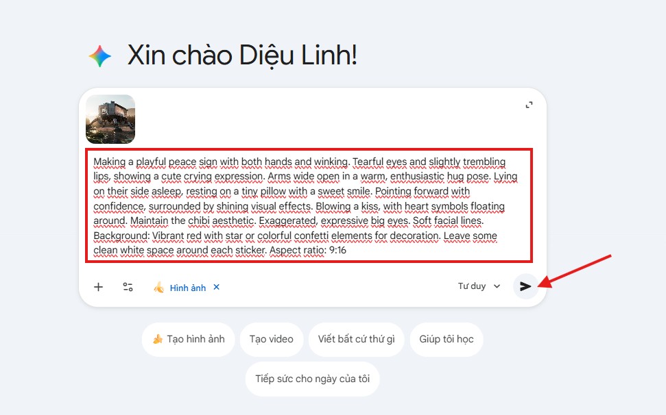 Bước 5: Sao chép và dán câu lệnh vào ô soạn thảo. Bấm biểu tượng mũi tên để Gửi.