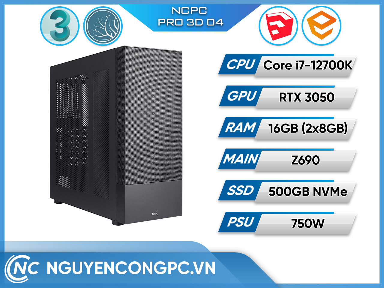 NCPC PRO 3D 04 (I7 12700KF/Z690 Wifi/ 32GB RAM/ 500GB SSD/ HDD 1TB/ RTX 3050 8GB)