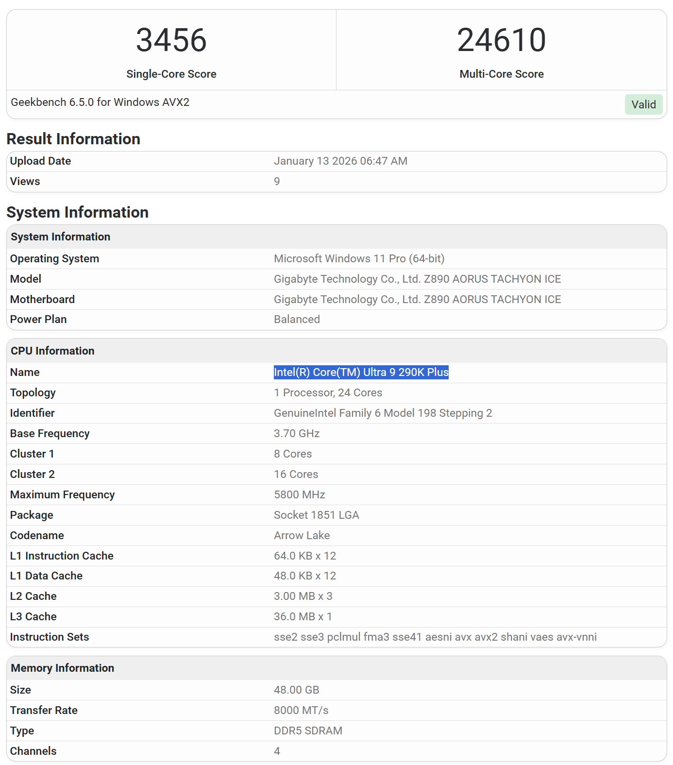 Điểm benchmark Intel Core Ultra 9 290K Plus