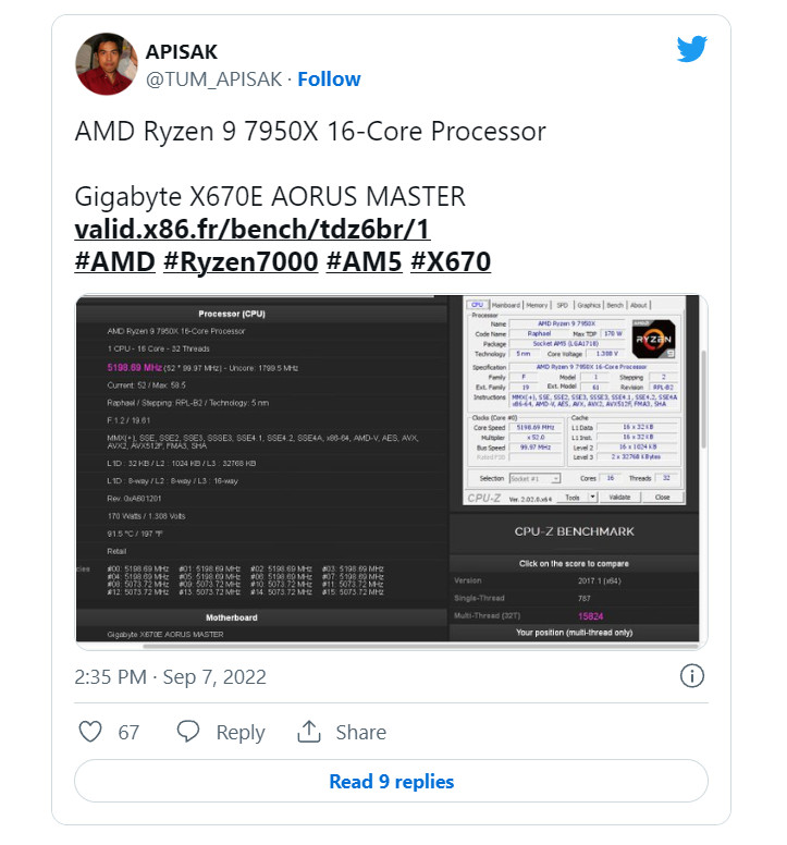 Điểm benchmark CPU AMD Ryzen 9 7950X trong CPU-Z, CCD0 ở 5,2 GHz & CCD1 ở 5,1 GHz Với Temps ở 91C on Stock 