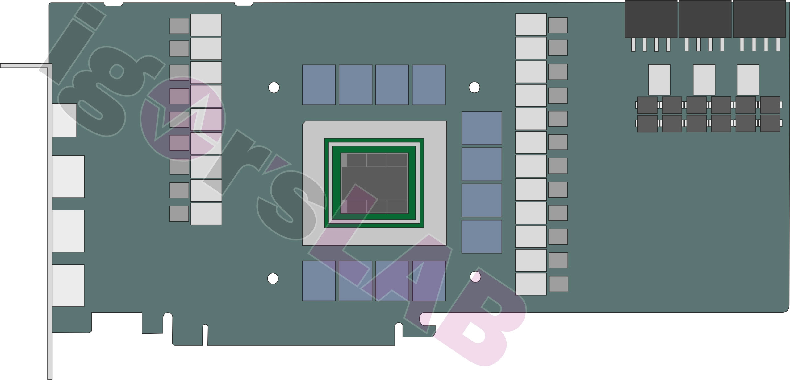 Sơ đồ PCB của GPU AMD Radeon RX 7900 XT 24 GB, có ba đầu nối 8 chân và phân phối nguồn 24 pha
