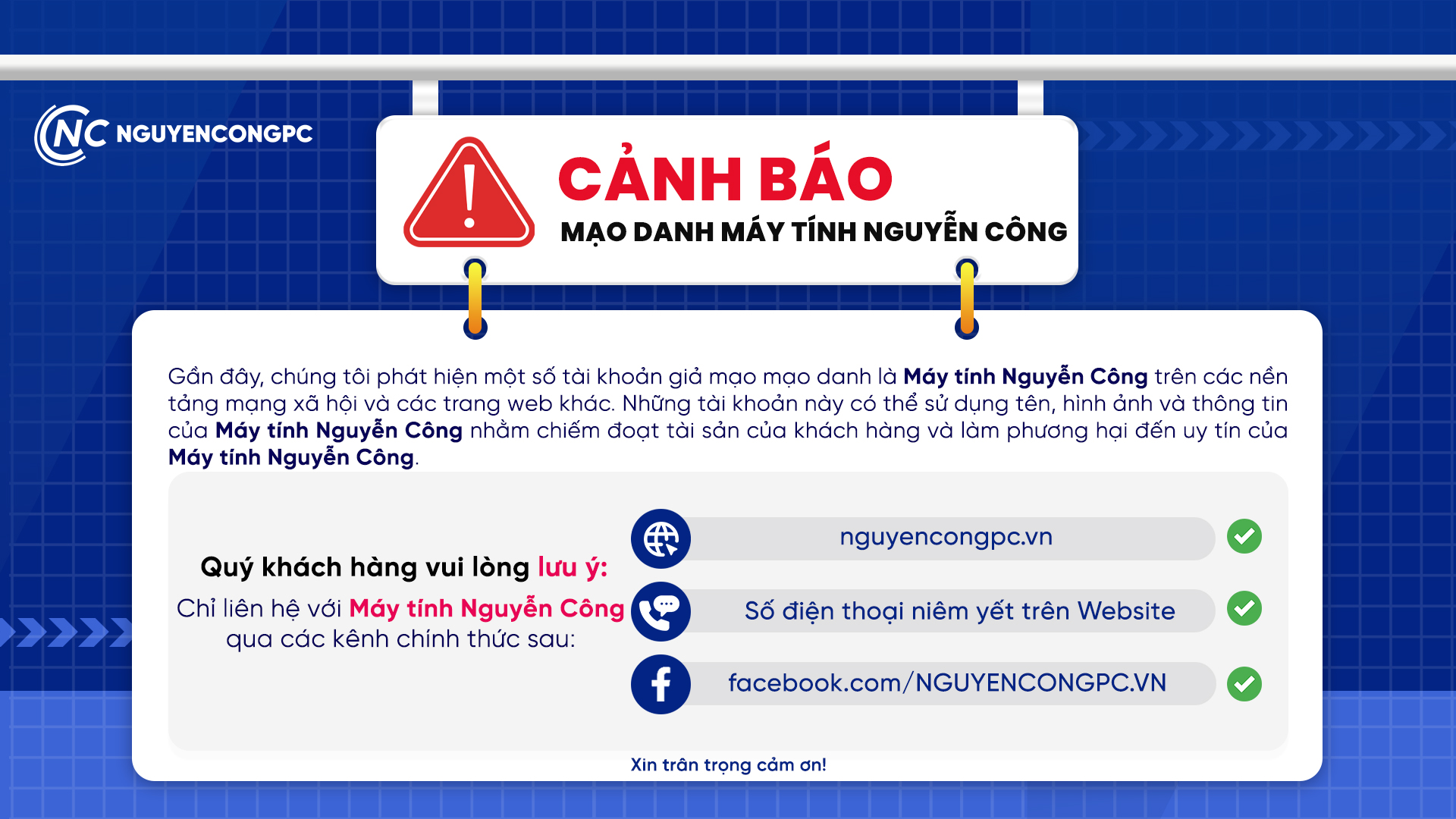 Cảnh báo tình trạng giả mạo Máy tính Nguyễn Công để lừa đảo khách hàng