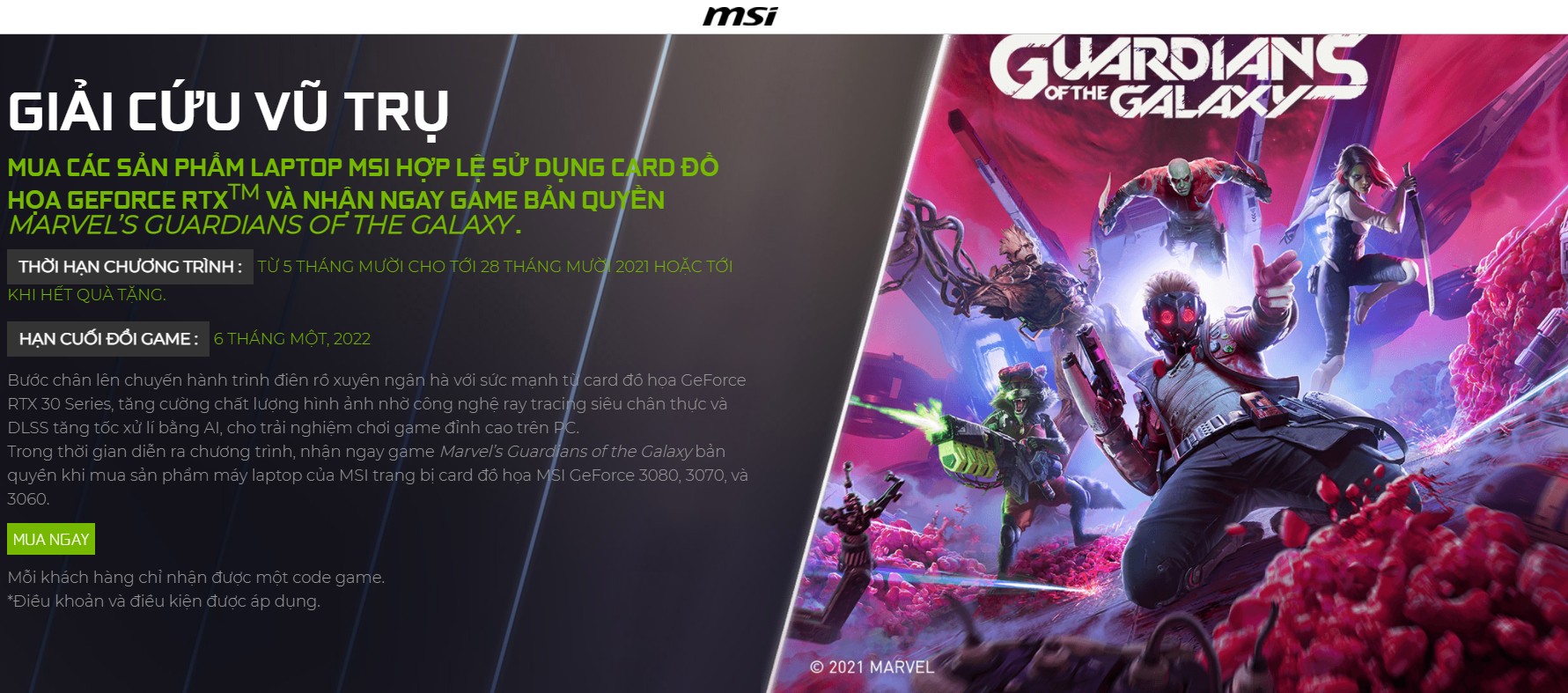 Mua laptop MSI nhận code game Marvel’s Guardians of Galaxy