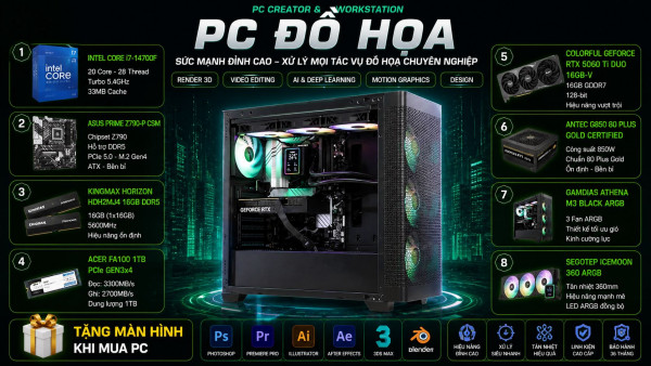 Bộ PC Đồ Họa Intel Core i7-14700F, Ram 16GB, RTX 5060 Ti 16GB [TẶNG MÀN HÌNH]