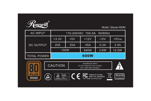 Nguồn máy tính Rosewill Glacier 600M - 600W - 80 PLUS Bronze - Semi-Modular