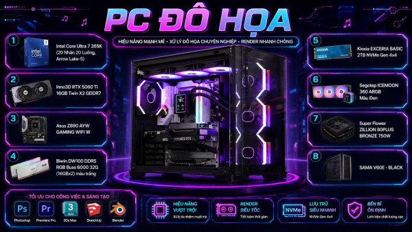 Bộ PC Đồ Hoạ Intel Core Ultra 7 265K, RAM 32GB, RTX 5060 Ti 16GB