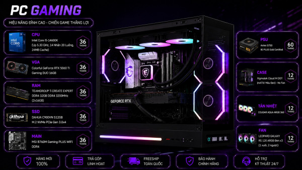 Bộ PC Gaming Intel Core i5-14600K, RAM 32GB, RTX 5060 Ti 16GB