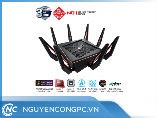 ASUS ROG Rapture GT-AX11000 (Gaming Router) Wifi AX11000 3 băng tần 10 Gigabit, router WiFi gaming có thể mở rộng, Wifi 6 (802.11ax), AiMesh 360 WIFI Mesh, WTFast, AiProtection, AURA RGB