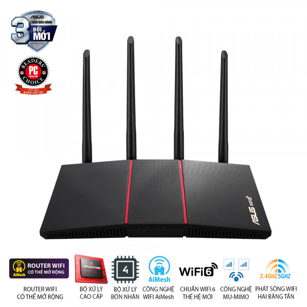 ASUS RT-AX55 (Gaming Router) Wifi AX1800 2 băng tần, router WiFi có thể mở rộng, Wifi 6 (802.11ax), AiMesh WIFI Mesh, MU-MIMO, AiProtection