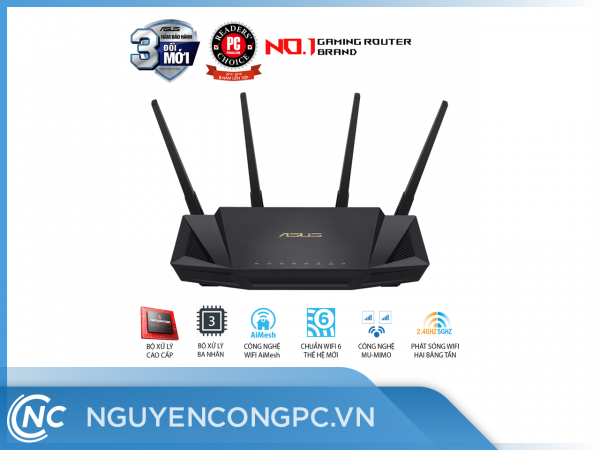 ASUS RT-AX58U (Gaming Router) Wifi AX3000 2 băng tần, router WiFi có thể mở rộng, Wifi 6 (802.11ax), AiMesh WIFI Mesh, MU-MIMO, AiProtection, USB 3.1