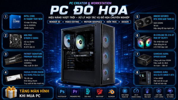 Bộ PC Đồ Họa 2D Intel Core i5-14400F, Ram 16GB, RTX 3050 6GB [TẶNG MÀN HÌNH]