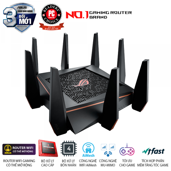 ASUS ROG Rapture GT-AC5300 (Gaming Router) AC5300 router WiFi gaming có thể mở rộng, WTFast, AiMesh 360 WIFI Mesh, 3 băng tần, chipset Broadcom, AiProtection, USB 3.0