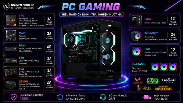 Bộ PC Gaming AMD Ryzen 7 7700, RAM 16GB, RX 9070 XT 16GB