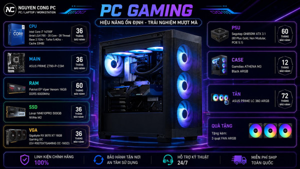 Bộ PC Gaming Intel Core I7-14700F, RAM 16GB, RX 9070 XT 16GB