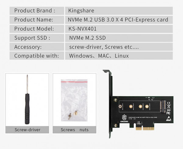 Card chuyển đổi SSD M2 NVMe PCIe to PCI-E 4X Kingshare