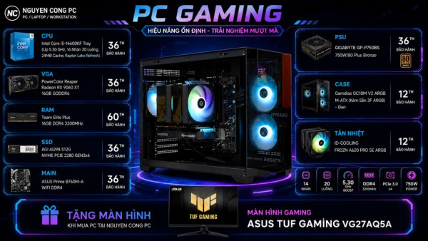 Bộ PC Gaming Intel i5 14600KF, Ram 16GB, SSD 512GB, RX 9060XT 16GB [TẶNG MÀN HÌNH]