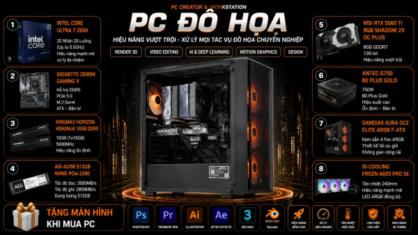 Bộ PC Đồ Hoạ Intel Core Ultra 7 265K, Ram 16GB, VGA RTX 5060 Ti 8GB [TẶNG MÀN HÌNH]