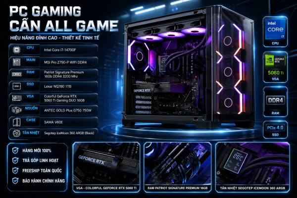 Bộ PC Gaming Intel Core i7-14700F, RAM 32GB, VGA RTX 5060 Ti 16GB