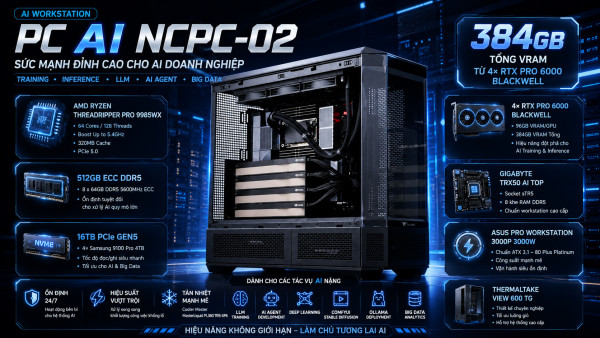 Bộ PC AI AMD Ryzen Threadripper PRO 9985WX, 512GB RAM DDR5,4 VGA RTX PRO 6000 96GB 