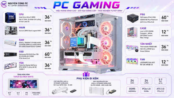 Bộ PC Gaming Intel Core Ultra 9 285K, RAM 64GB DDR5, RTX 5070 Ti 16GB