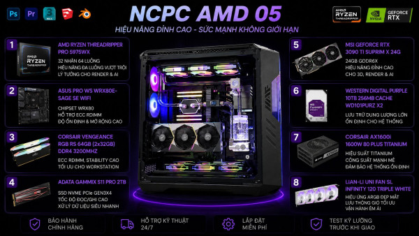 NCPC AMD 05 (5975WX/ WRX80E-SAGE/ 64GB RAM/ 2TB SSD/ RTX 3090 Ti/ 1600W) 