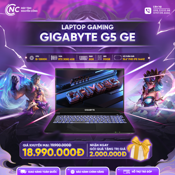 Laptop Gaming Gigabyte G5 GE-51VN263SH (I5-12500H/ 8GB RAM/ 512GB SSD/ 15.6" FHD IPS 144Hz/ RTX 3050 4GB/ Win 11H/ Black/ 2Yrs)