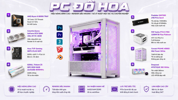 Bộ PC Đồ Họa AMD Ryzen 9 9950X, Ram 64GB, VGA RTX 5080 OC 16GB