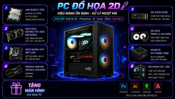 Bộ PC Đồ Họa AMD Ryzen 7 7700, Ram 16GB, RTX 5050 8GB [TẶNG MÀN HÌNH]