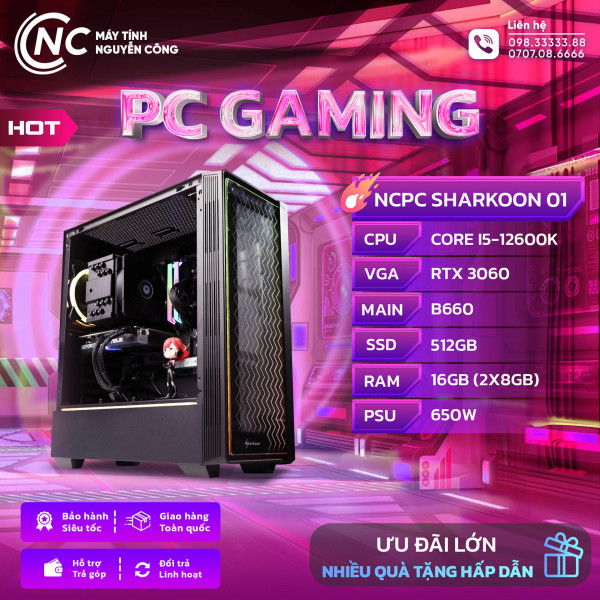 PC Sharkoon 01 (Core i5-12600K/ B660/ 16GB RAM/ 512GB SSD/ RTX 3060/ 650W) 