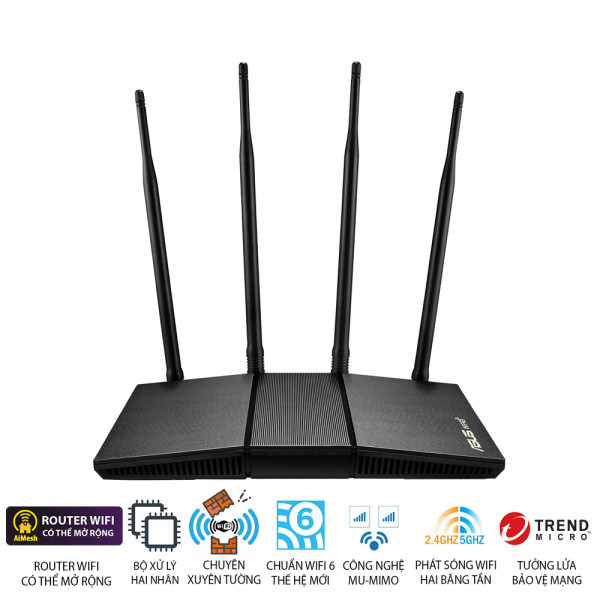 ASUS RT-AX1800HP (Gaming Router) Wifi AX1800 2 băng tần, router WiFi có thể mở rộng, Wifi 6 (802.11ax), AiMesh WIFI Mesh, MU-MIMO, AiProtection