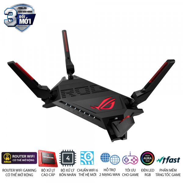 ASUS ROG Rapture GT-AX6000 (Gaming Router) Wifi AX6000 2 băng tần,router WiFi gaming có thể mở rộng, Wifi 6 (802.11ax) AiMesh 360 WIFI Mesh Dual WAN WTFast, AiProtection, AURA RGB