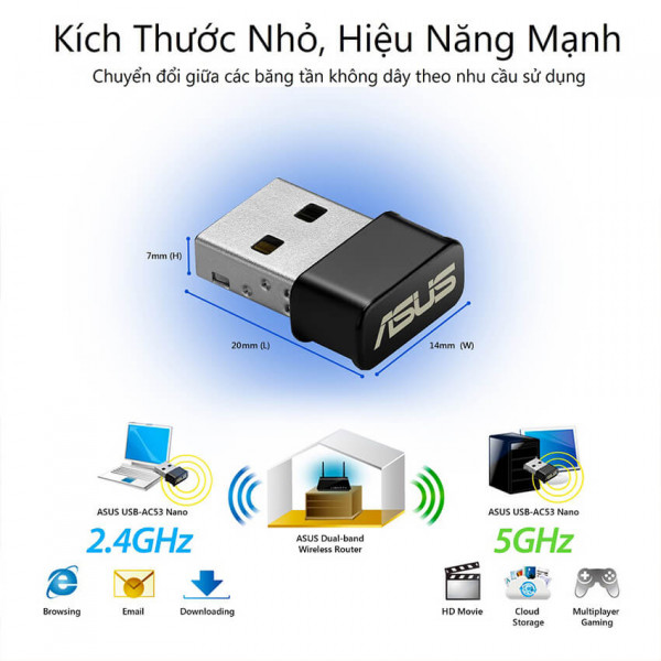 USB thu sóng Wifi Asus USB-AC53 Nano chuẩn AC - Tốc độ 1200Mbps