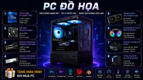 Bộ PC Đồ Họa 2D Intel Core i5-12400F, Ram 16GB, VGA Intel A380 6GB [TẶNG MÀN HÌNH]