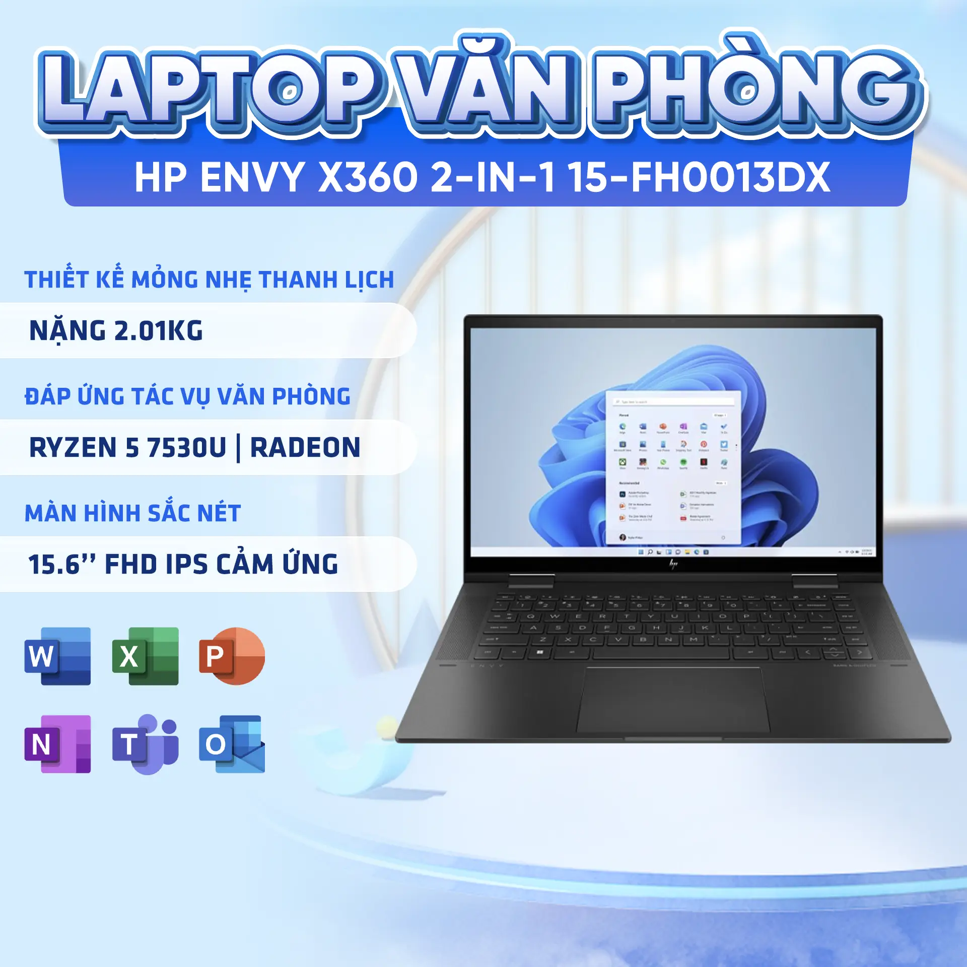 Laptop HP ENVY x360 2-in-1 15-FH0013DX (RYZEN 5 7530U/ 8GB/ 256GB/ AMD Radeon/ 15.6″ Full HD Touch) NK BH tại NC