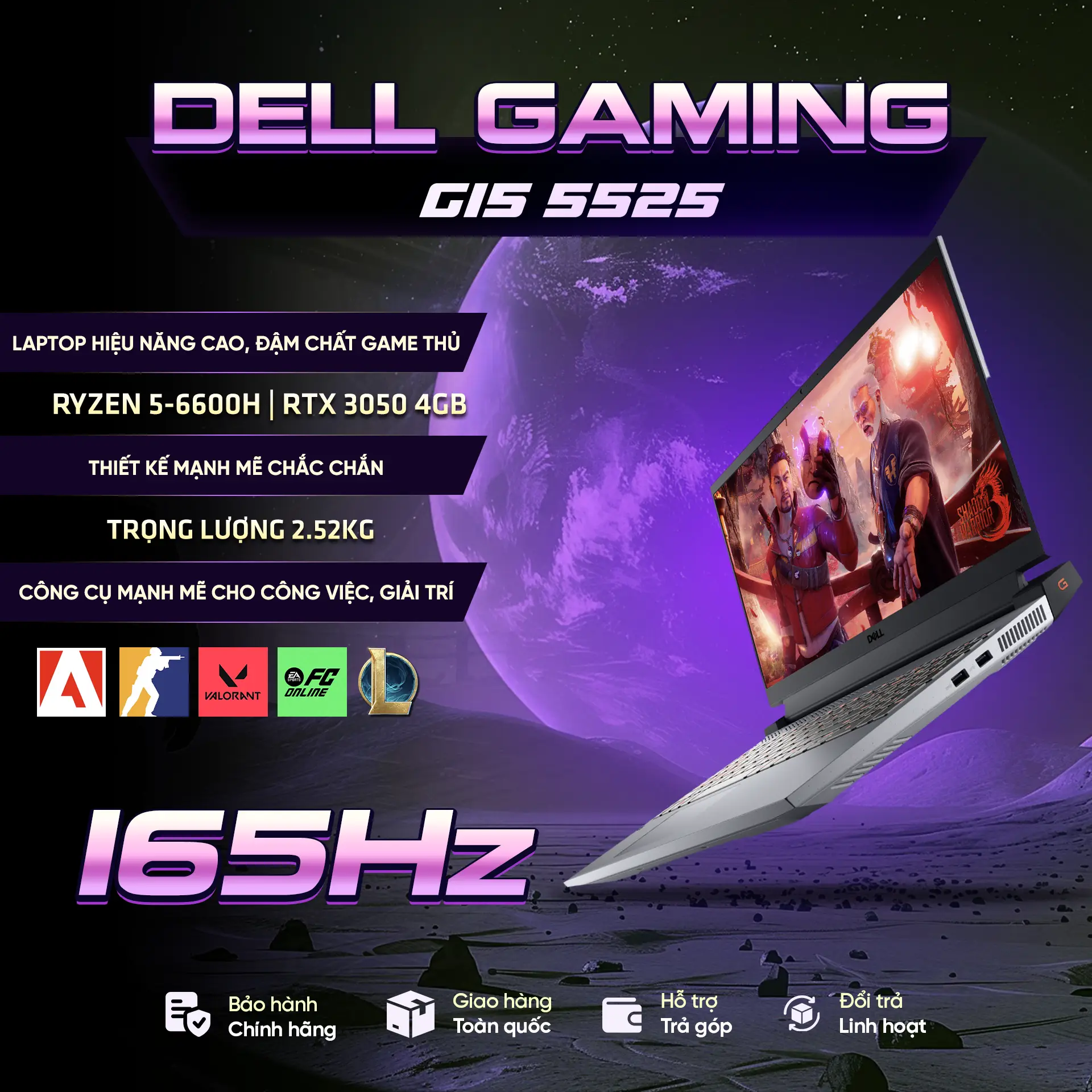 Laptop Dell Gaming G15 5525 (Ryzen 5-6600H/ 8GB/ 512GB/ RTX 3050 4GB/ 15.6'' FHD) NK BH tại NC 