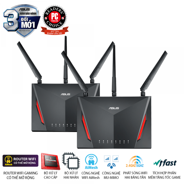  ASUS RT-AC86U 2 Pack (Gaming Router) Wifi AC2900 2 băng tần, router WiFi có thể mở rộng, AiMesh 360 WIFI Mesh, WTFast, AiProtection, chipset Broadcom USB 3.0