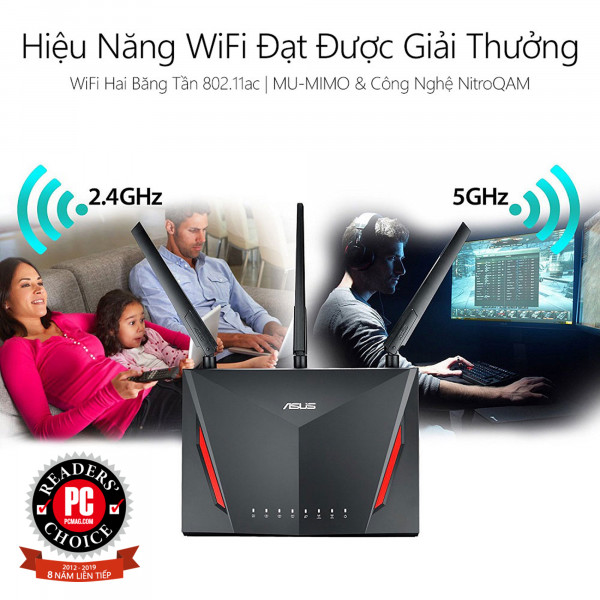  ASUS RT-AC86U 2 Pack (Gaming Router) Wifi AC2900 2 băng tần, router WiFi có thể mở rộng, AiMesh 360 WIFI Mesh, WTFast, AiProtection, chipset Broadcom USB 3.0