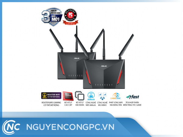  ASUS RT-AC86U 2 Pack (Gaming Router) Wifi AC2900 2 băng tần, router WiFi có thể mở rộng, AiMesh 360 WIFI Mesh, WTFast, AiProtection, chipset Broadcom USB 3.0