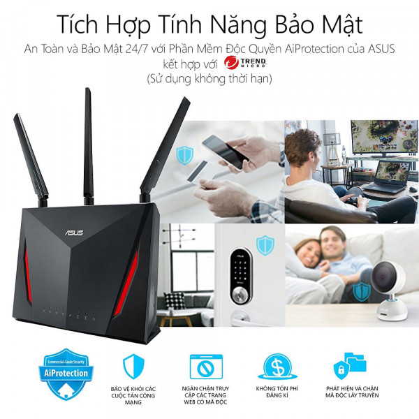  ASUS RT-AC86U 2 Pack (Gaming Router) Wifi AC2900 2 băng tần, router WiFi có thể mở rộng, AiMesh 360 WIFI Mesh, WTFast, AiProtection, chipset Broadcom USB 3.0