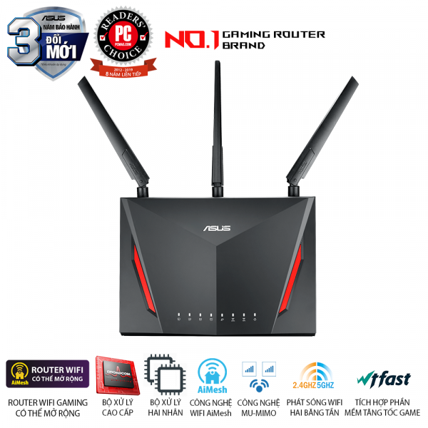 ASUS RT-AC86U (Gaming Router) AC2900 AC2900 MU-MIMO WTFast, bộ định tuyến WiFi có thể mở rộng, AiMesh 360 WIFI Mesh, 2 băng tần, chipset Broadcom, AiProtection, USB 3.0