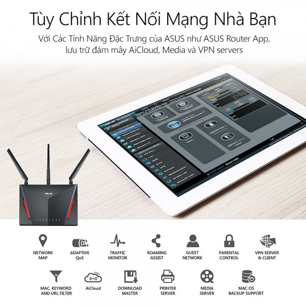 ASUS RT-AC86U (Gaming Router) AC2900 AC2900 MU-MIMO WTFast, bộ định tuyến WiFi có thể mở rộng, AiMesh 360 WIFI Mesh, 2 băng tần, chipset Broadcom, AiProtection, USB 3.0