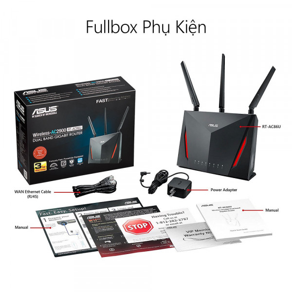 ASUS RT-AC86U (Gaming Router) AC2900 AC2900 MU-MIMO WTFast, bộ định tuyến WiFi có thể mở rộng, AiMesh 360 WIFI Mesh, 2 băng tần, chipset Broadcom, AiProtection, USB 3.0