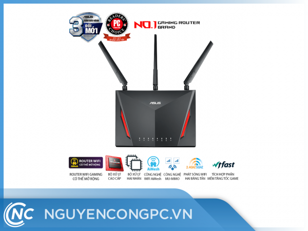 ASUS RT-AC86U (Gaming Router) AC2900 AC2900 MU-MIMO WTFast, bộ định tuyến WiFi có thể mở rộng, AiMesh 360 WIFI Mesh, 2 băng tần, chipset Broadcom, AiProtection, USB 3.0