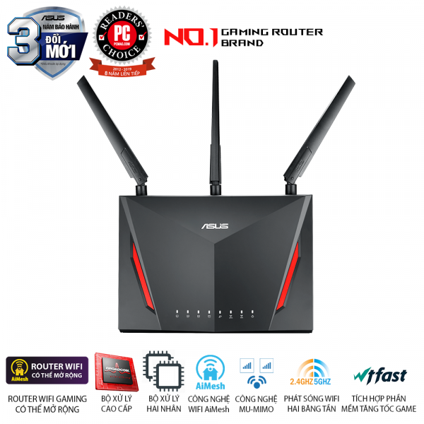 ASUS RT-AC86U (Gaming Router) AC2900 AC2900 MU-MIMO WTFast, bộ định tuyến WiFi có thể mở rộng, AiMesh 360 WIFI Mesh, 2 băng tần, chipset Broadcom, AiProtection, USB 3.0