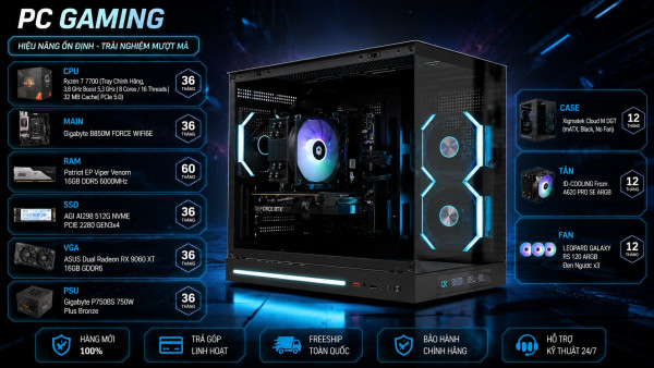 Bộ PC Gaming AMD Ryzen 7 7700, RAM 16GB, RX 9060 XT 16GB