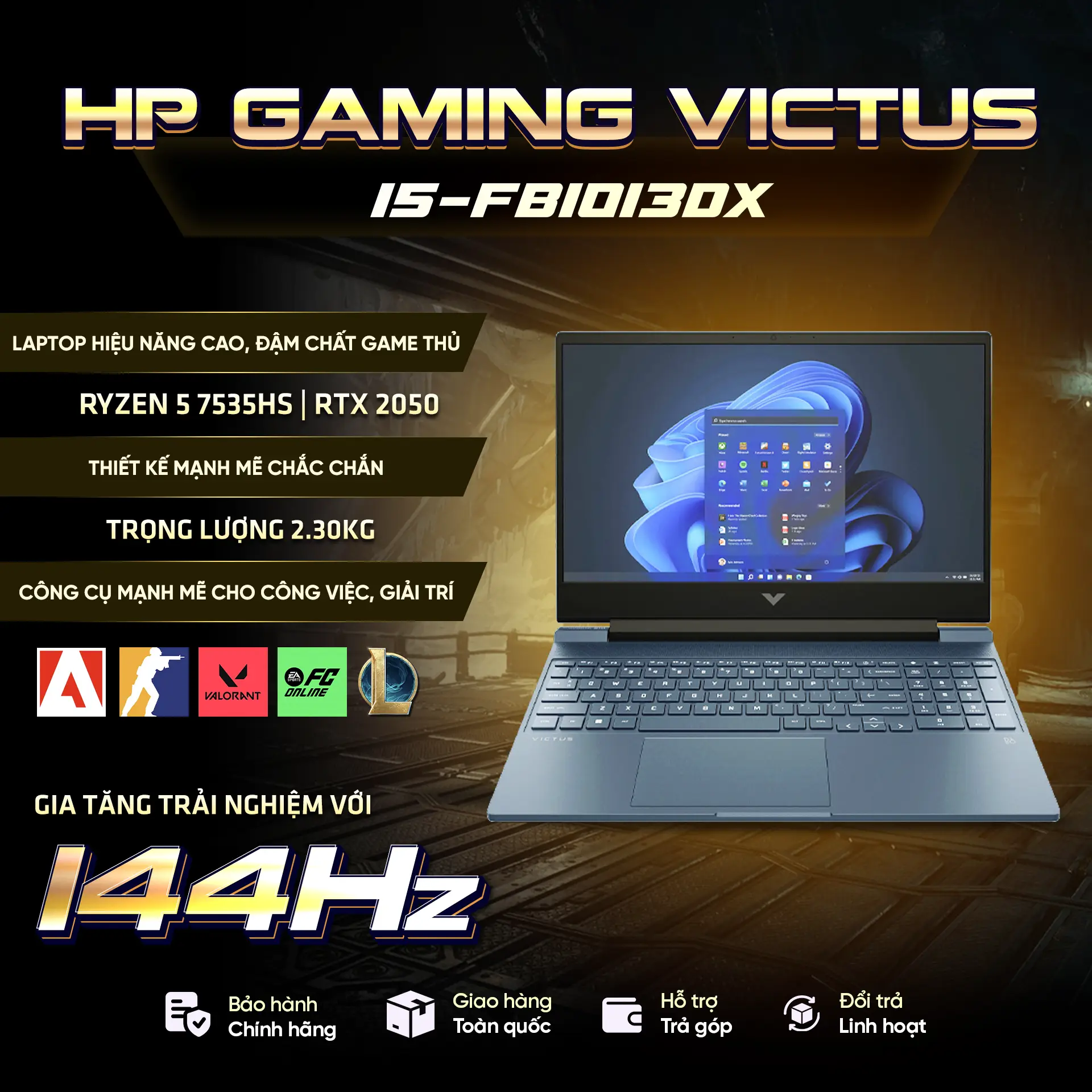 Laptop HP Gaming Victus 15-fb1013dx (AMD RYZEN 5 7535HS, 8GB, SSD 512GB, RTX 2050, 15.6'' Full HD, IPS, 144Hz) NK BH tại NC