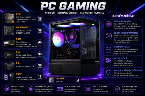 Bộ PC Gaming Ryzen 5 5500GT, RX Vega 7, RAM 16GB, SSD 256GB